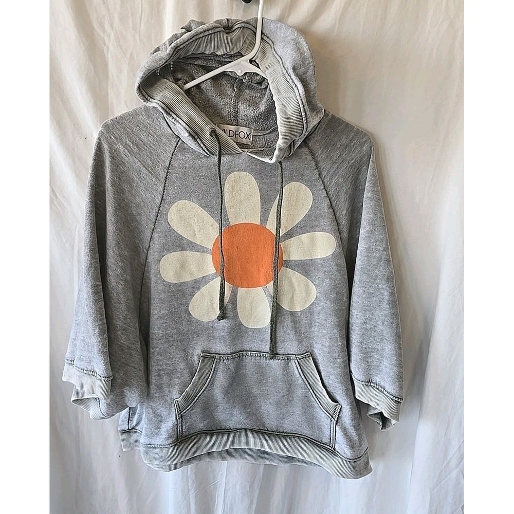 Wildfox Daisy Hoodie Sweatshirt Oversized Gray Faded‎ Look Wide 3/4 Sleeve Sz S